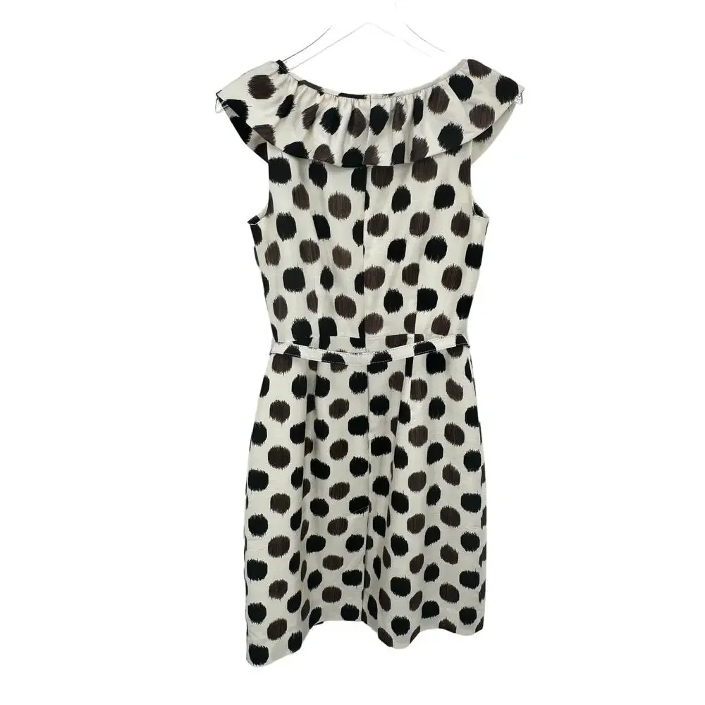 Kate Spade dress 100% silk ruffle collar belted polka dot sheath brown cream 6